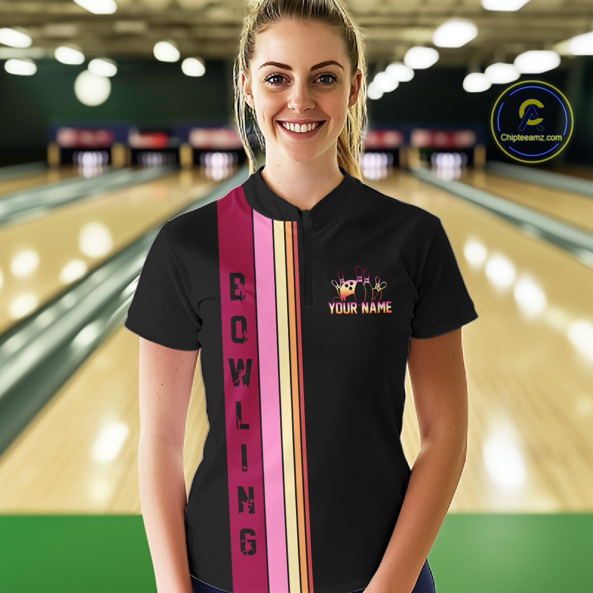 Black and Pink Retro Bowling Polo, Quarter Zip Shirts for Women Custom Team Bowling League Jerseys NQS10503