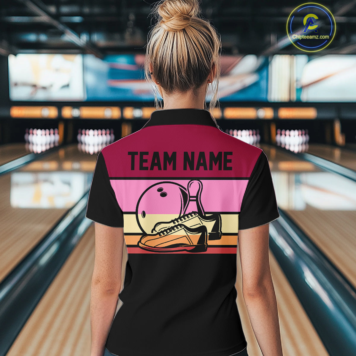 Black and Pink Retro Bowling Polo, Quarter Zip Shirts for Women Custom Team Bowling League Jerseys NQS10503