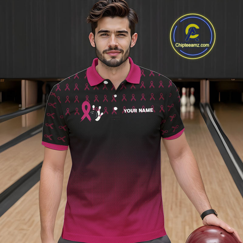 Black and Pink ribbon pattern Bowling shirts for Men Custom breast cancer bowling team jerseys NQS10158