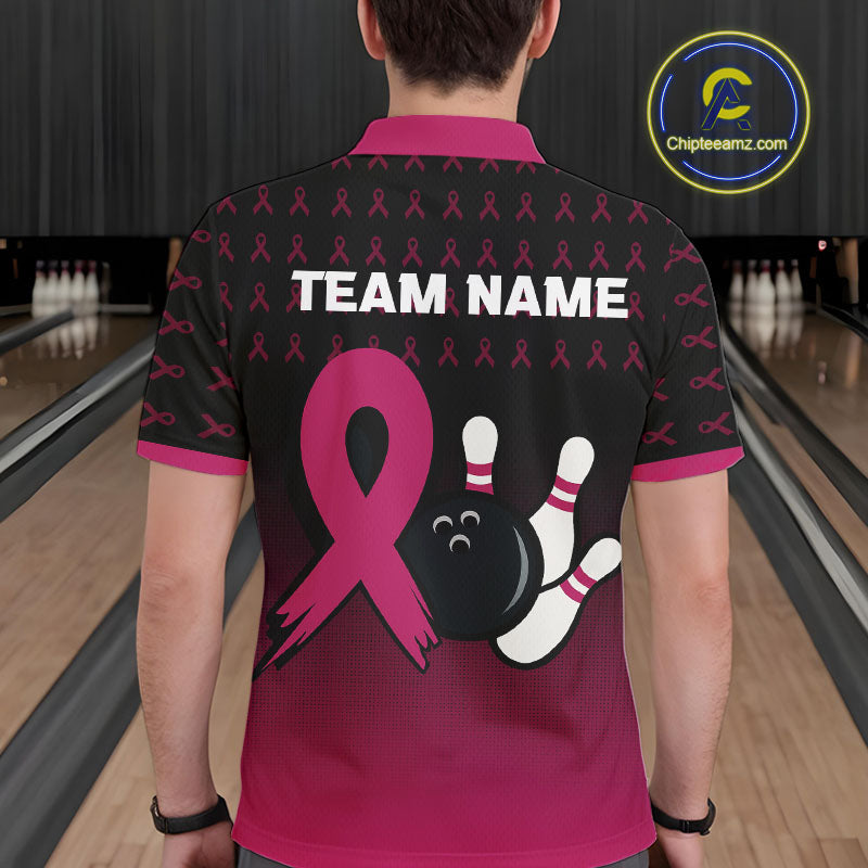 Black and Pink ribbon pattern Bowling shirts for Men Custom breast cancer bowling team jerseys NQS10158