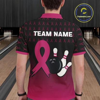 Black and Pink ribbon pattern Bowling shirts for Men Custom breast cancer bowling team jerseys NQS10158
