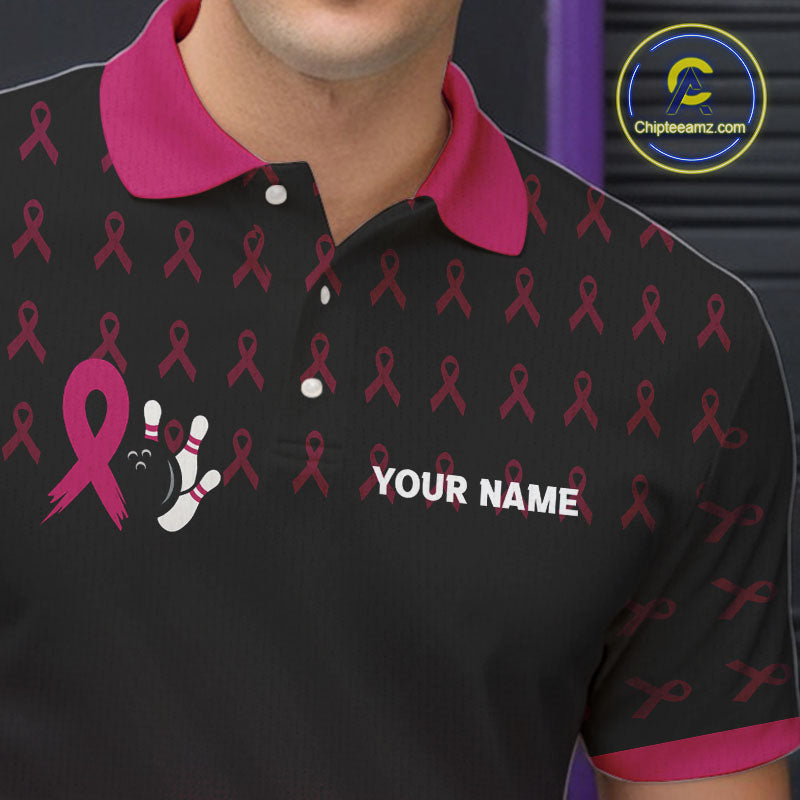 Black and Pink ribbon pattern Bowling shirts for Men Custom breast cancer bowling team jerseys NQS10158