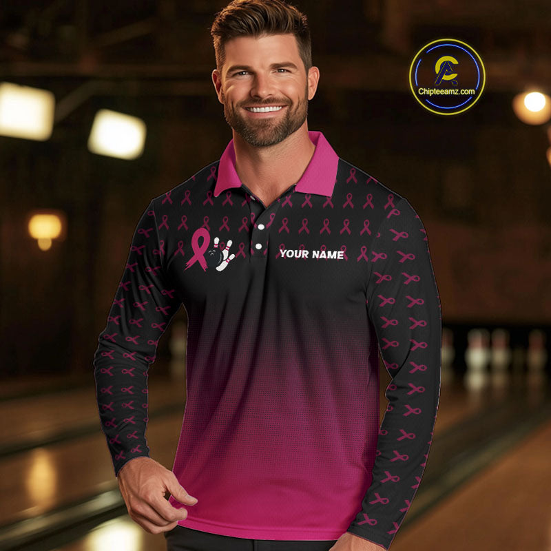 Black and Pink ribbon pattern Bowling shirts for Men Custom breast cancer bowling team jerseys NQS10158