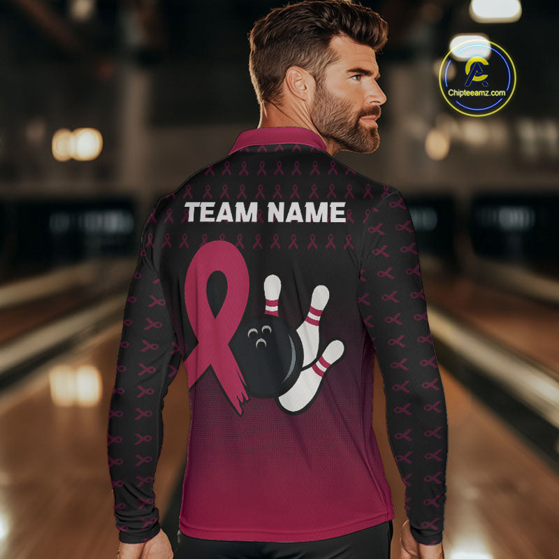 Black and Pink ribbon pattern Bowling shirts for Men Custom breast cancer bowling team jerseys NQS10158