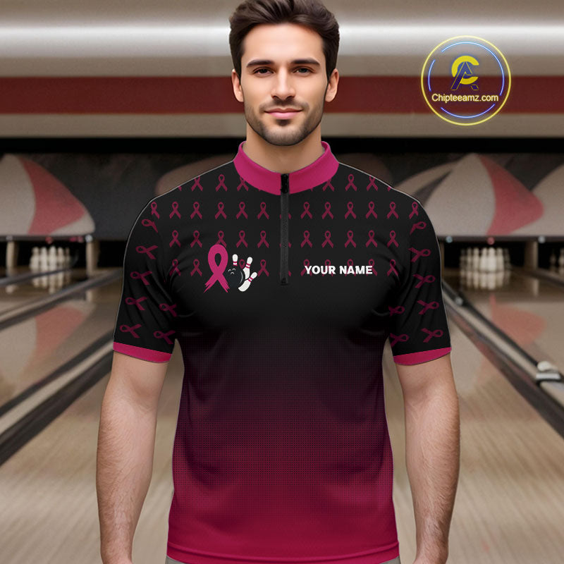 Black and Pink ribbon pattern Bowling shirts for Men Custom breast cancer bowling team jerseys NQS10158