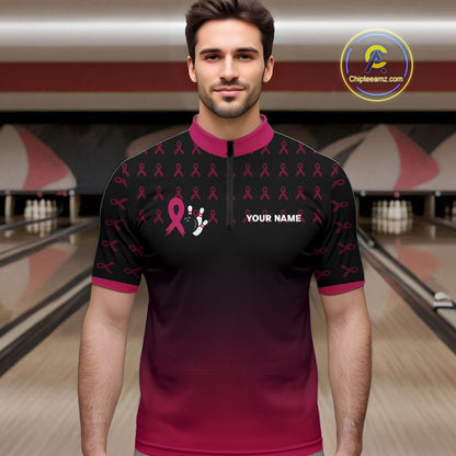 Black and Pink ribbon pattern Bowling shirts for Men Custom breast cancer bowling team jerseys NQS10158