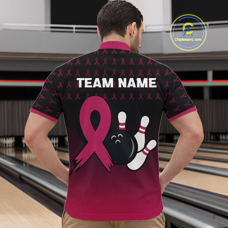 Black and Pink ribbon pattern Bowling shirts for Men Custom breast cancer bowling team jerseys NQS10158