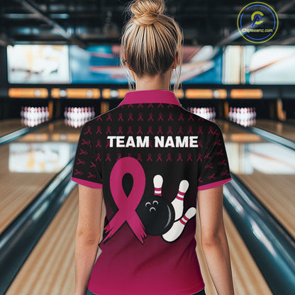 Black and Pink ribbon pattern Bowling shirts for Women Custom breast cancer bowling team jerseys NQS10158