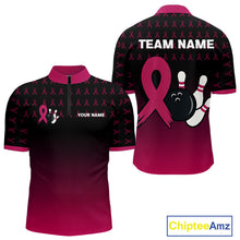 Load image into Gallery viewer, Black and Pink ribbon pattern Bowling shirts for Men Custom breast cancer bowling team jerseys NQS10158