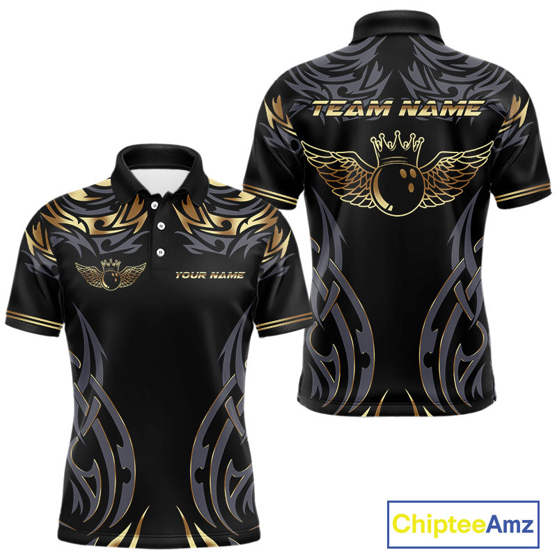 Personalized Black And Gold tribal pattern Bowling Shirts For Men, angel wings Bowling Team jerseys NQS10298