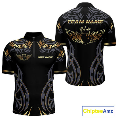 Personalized Black And Gold tribal pattern Bowling Shirts For Men, angel wings Bowling Team jerseys NQS10298