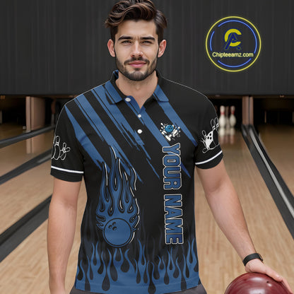 Black and Blue Flame Retro Bowling Polo, Quarter Zip Shirt for Men Custom Vintage Team Bowling Jersey NQS10504