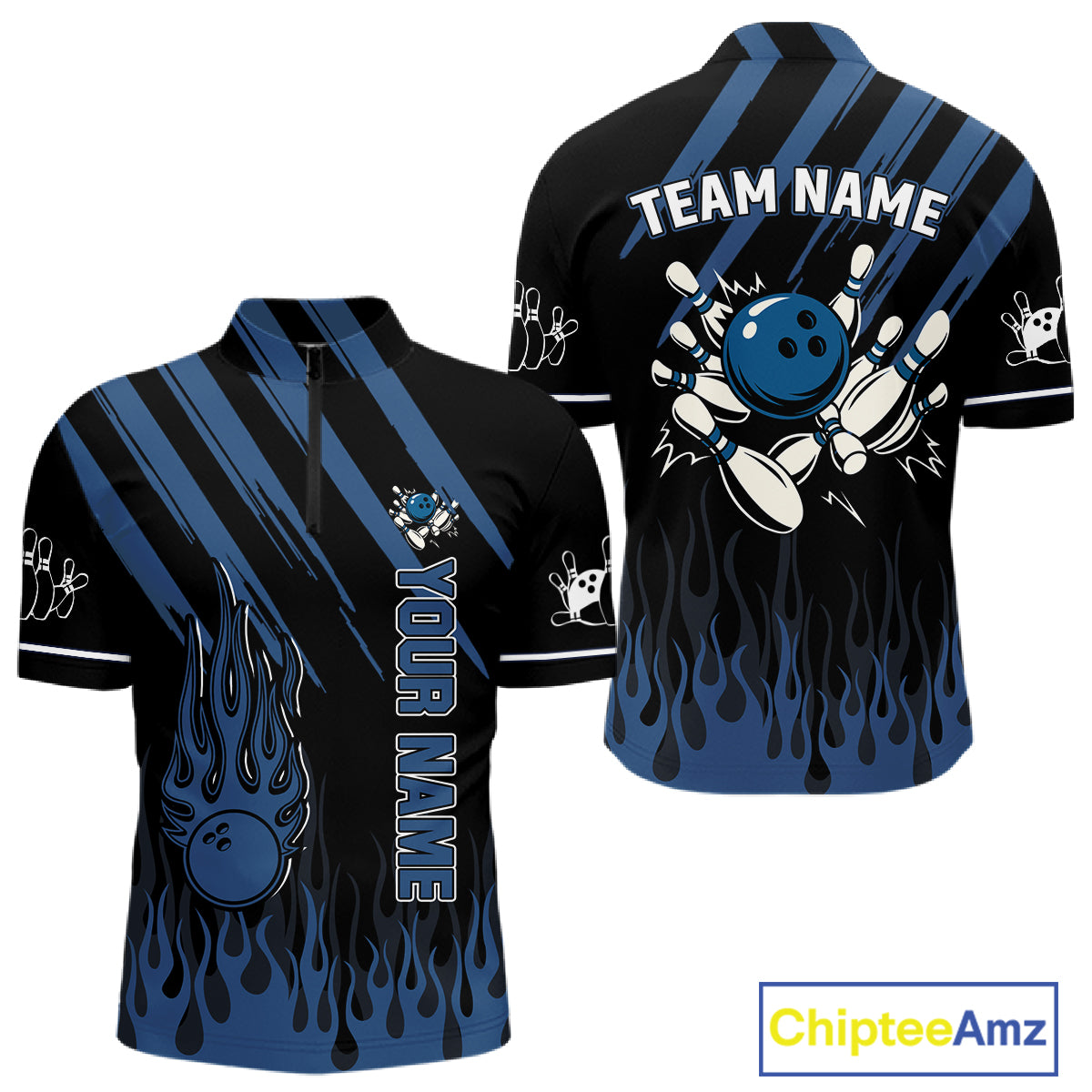 Black and Blue Flame Retro Bowling Polo, Quarter Zip Shirt for Men Custom Vintage Team Bowling Jersey NQS10504