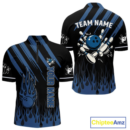 Black and Blue Flame Retro Bowling Polo, Quarter Zip Shirt for Men Custom Vintage Team Bowling Jersey NQS10504