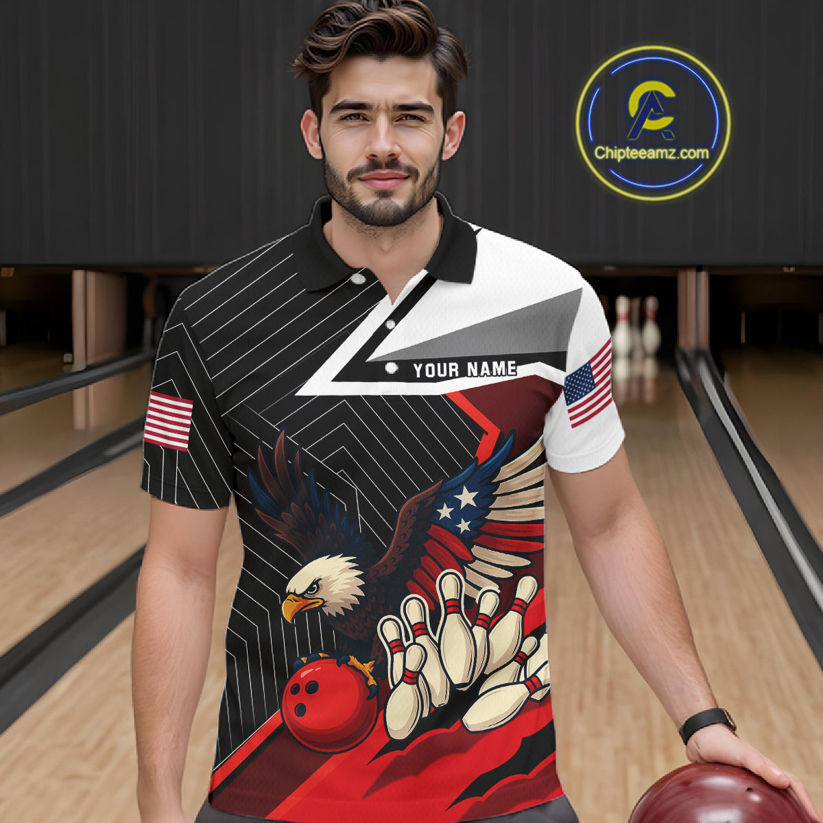 Black and Red American Flag Eagle Bowling Shirts for Men Custom patriotic Team Bowling League Jersey NQS10517
