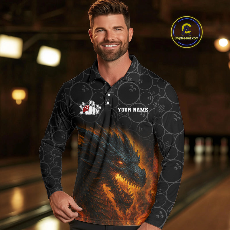 Custom Black Camo Flame Dragon Bowling Team Shirts For Men, Bowling Uniform gift for bowlers NQS10320