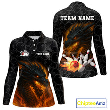 Load image into Gallery viewer, Custom Black Camo Flame Dragon Bowling Team Shirts For Women, Bowling Uniform gift for bowlers NQS10320