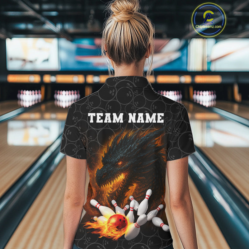 Custom Black Camo Flame Dragon Bowling Team Shirts For Women, Bowling Uniform gift for bowlers NQS10320