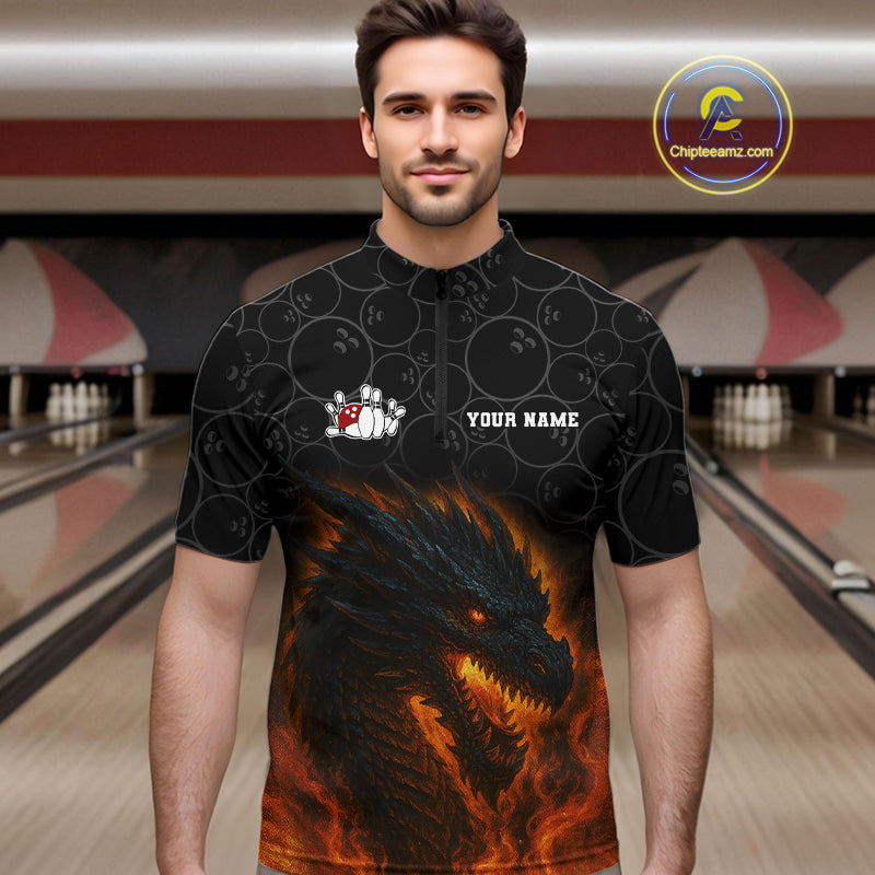 Custom Black Camo Flame Dragon Bowling Team Shirts For Men, Bowling Uniform gift for bowlers NQS10320