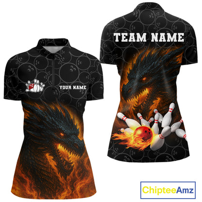 Custom Black Camo Flame Dragon Bowling Team Shirts For Women, Bowling Uniform gift for bowlers NQS10320