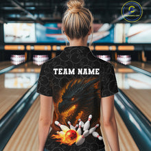 Load image into Gallery viewer, Custom Black Camo Flame Dragon Bowling Team Shirts For Women, Bowling Uniform gift for bowlers NQS10320