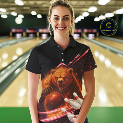 Custom Flame Bear Bowling Team Polo, Quarter zip Shirts For Women, Team Bowling Uniform NQS10321