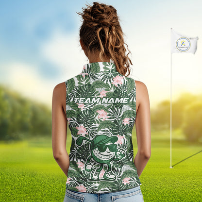 Green tropical leaf pattern pink flower funny Sleeveless Golf polo shirts Custom ladies golf outfits NQS10023
