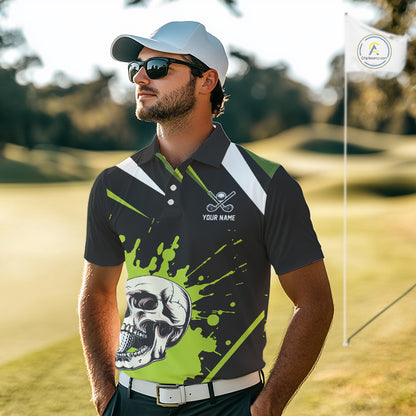 Black and Green Skull Golf polo shirts For Men Custom team golf outfits men, cool golf gifts NQS10025