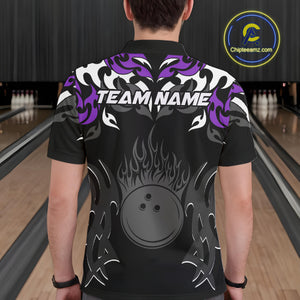 Black and Purple Flame Bowling Polo, Quarter Zip shirt for men Custom Team bowling jersey bowler gift NQS10535