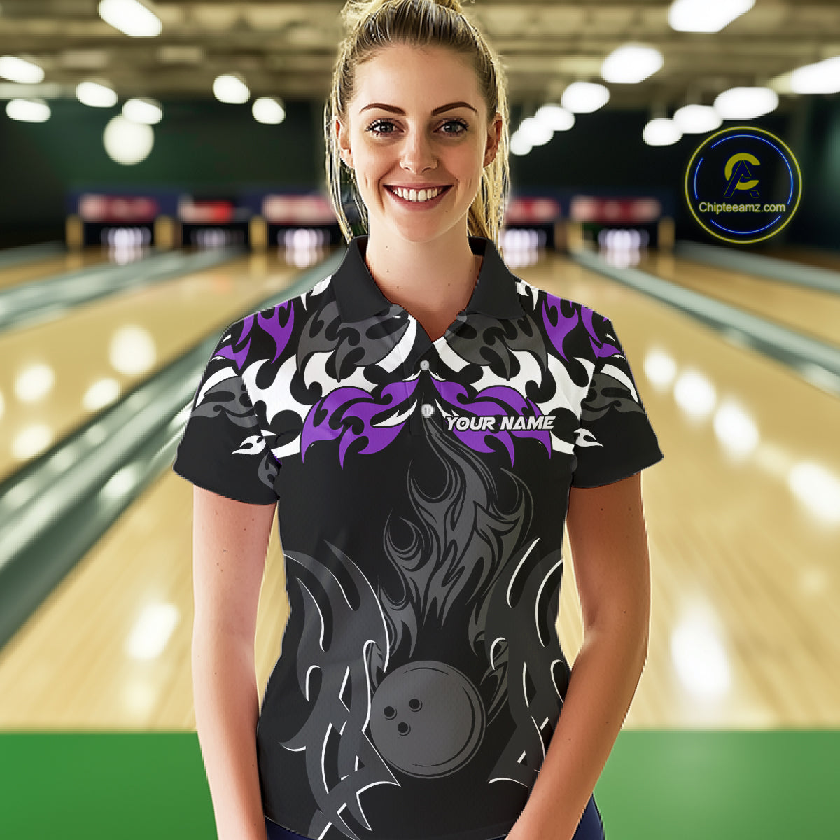 Black and Purple Flame Bowling Polo, 1/4 Zip shirt for Women Custom Team bowling jersey bowler gift NQS10535