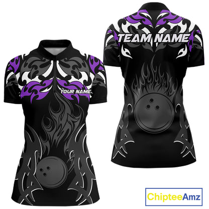 Black and Purple Flame Bowling Polo, 1/4 Zip shirt for Women Custom Team bowling jersey bowler gift NQS10535
