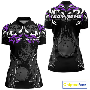 Black and Purple Flame Bowling Polo, 1/4 Zip shirt for Women Custom Team bowling jersey bowler gift NQS10535
