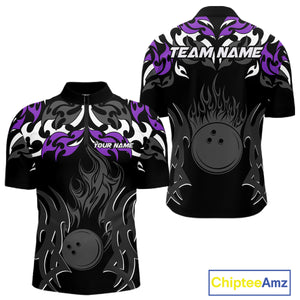 Black and Purple Flame Bowling Polo, Quarter Zip shirt for men Custom Team bowling jersey bowler gift NQS10535