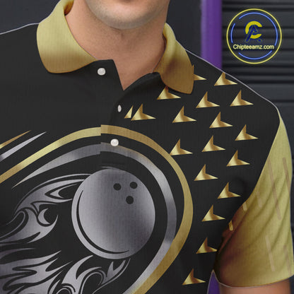 Black and Gold Flame Bowling ball Polo, Quarter Zip Shirts for Men Custom Bowling Team jerseys NQS10029