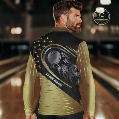 Black and Gold Flame Bowling ball Polo, Quarter Zip Shirts for Men Custom Bowling Team jerseys NQS10029