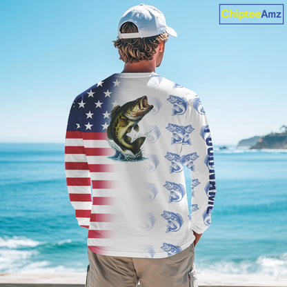 Red, White and Blue American Flag Bass Fishing custom patriotic Bass performance Fishing Shirts NQS10034