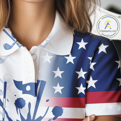 Red, White and Blue American Flag Women Golf polo shirts Custom patriotic Golf Outfit For Ladies NQS10035
