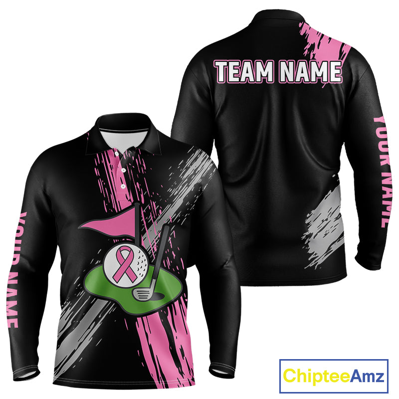 Black and pink ribbon Breast Cancer Awareness golf shirts custom Men golf polo shirts, best golf gift NQS10196