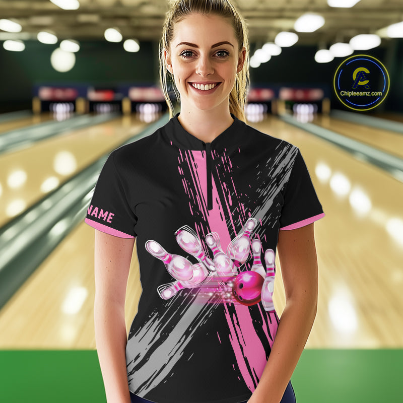 Black and pink ribbon Breast Cancer Awareness Bowling Shirts For Women custom team bowling jerseys NQS10197