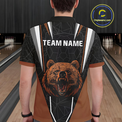 Personalized Bear Bowling Polo, Quarter Zip Shirts For Men, Bear Bowling Team Brown League Jersey NQS10344