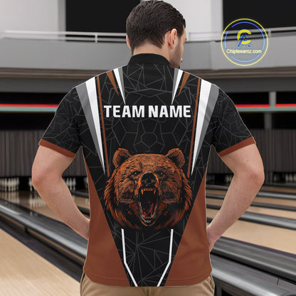 Personalized Bear Bowling Polo, Quarter Zip Shirts For Men, Bear Bowling Team Brown League Jersey NQS10344