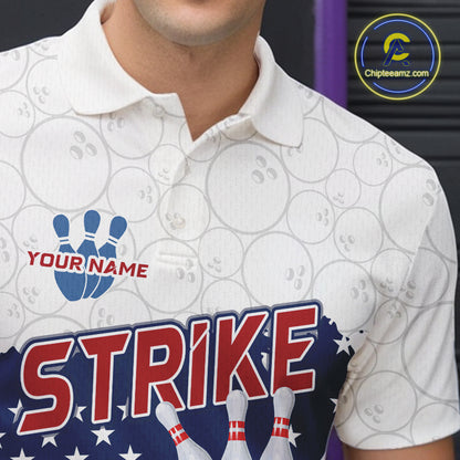 Personalized American Flag Strike Bowling Polo, 1/4 Zip Shirts For Men, Patriotic Bowling Team Jersey NQS10345