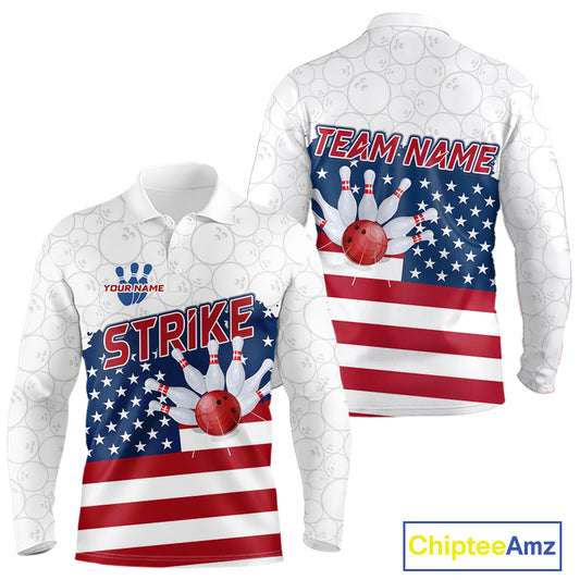 Personalized American Flag Strike Bowling Polo, 1/4 Zip Shirts For Men, Patriotic Bowling Team Jersey NQS10345