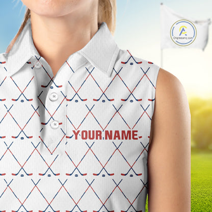 Red, White & Blue golf clubs pattern Women sleeveless polo shirt Custom Patriotic ladies golf outfit NQS10198