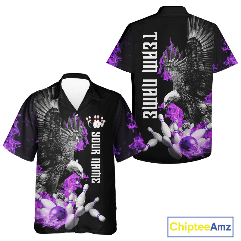 Custom Purple Flame Black Eagle Bowling Hawaiian Shirt, Team Bowling Clothes NQS10351