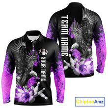 Load image into Gallery viewer, Custom Purple Flame Black Eagle Bowling Polo, Quarter Zip Shirt For Men, Team Bowling Clothes NQS10351
