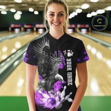 Load image into Gallery viewer, Custom Purple Flame Black Eagle Bowling Polo, Quarter Zip Shirt For Women, Team Bowling Clothes NQS10351