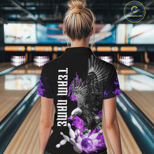 Load image into Gallery viewer, Custom Purple Flame Black Eagle Bowling Polo, Quarter Zip Shirt For Women, Team Bowling Clothes NQS10351