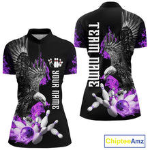 Load image into Gallery viewer, Custom Purple Flame Black Eagle Bowling Polo, Quarter Zip Shirt For Women, Team Bowling Clothes NQS10351