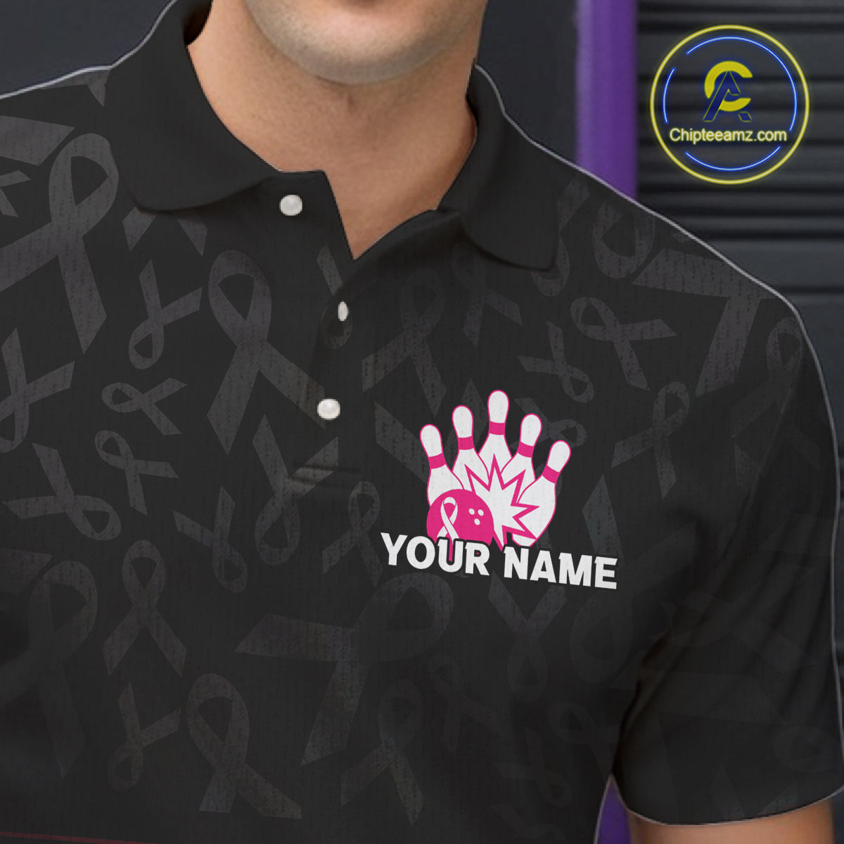 Pink and black Ribbons Pattern Bowling Shirts For Men Custom Breast cancer Team Bowler Jersey NQS10560
